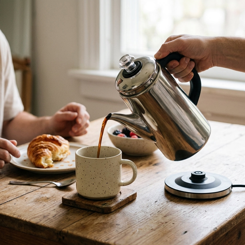 Cafora 12-cup stainless-steel electric percolator on a kitchen counter