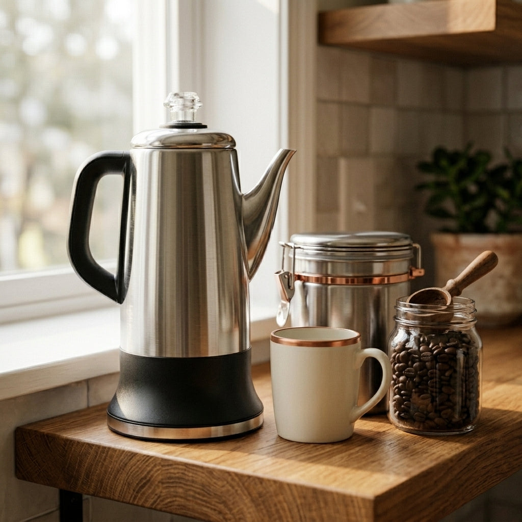 Two Cafora percolators with the free ceramic mug, coffee tin and wooden scoop